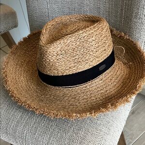 Wallaroo Hat Company Paloma fedora 100% raffia woven hat black ribbons trim OS